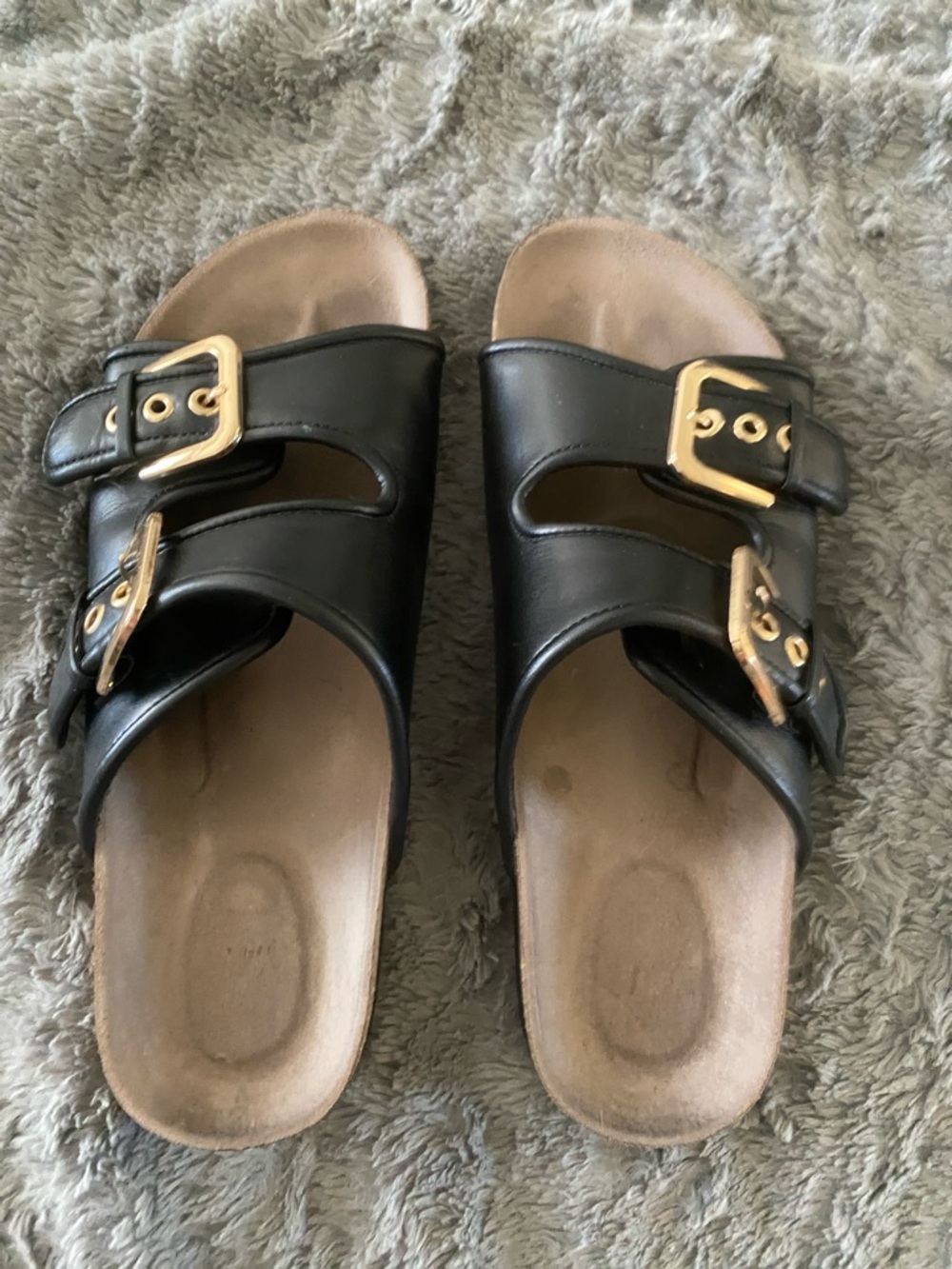 H&M Black Double-Buckle Slide Sandals with Gold Buckles